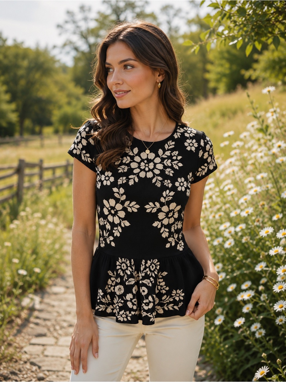 I.N.C. Rare Black Floral Jacquard Knit Peplum Top - Gold Zipper - Size LP